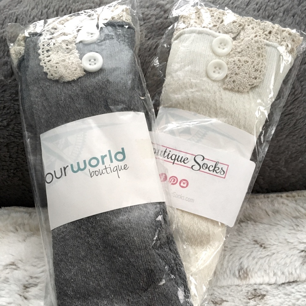2 BRAND NEW PAIRS OF ADORABLE BOOT SOCKS! 1 PAIR IS CHARCOAL GREY & 1 IVORY!